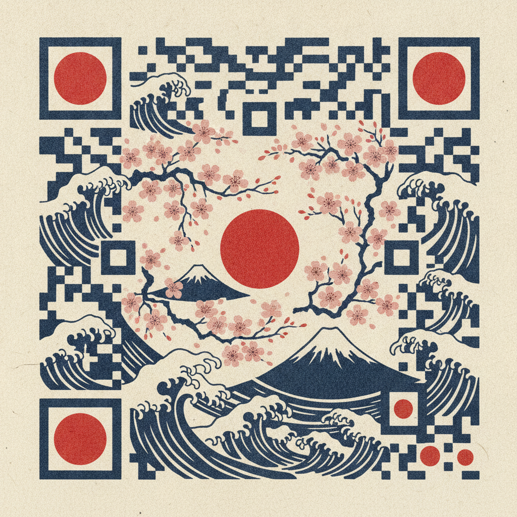 AI QR code art generator result styling a QR code as a Japanese ukiyo-e woodblock print with indigo waves, Mount Fuji and cherry blossom modules