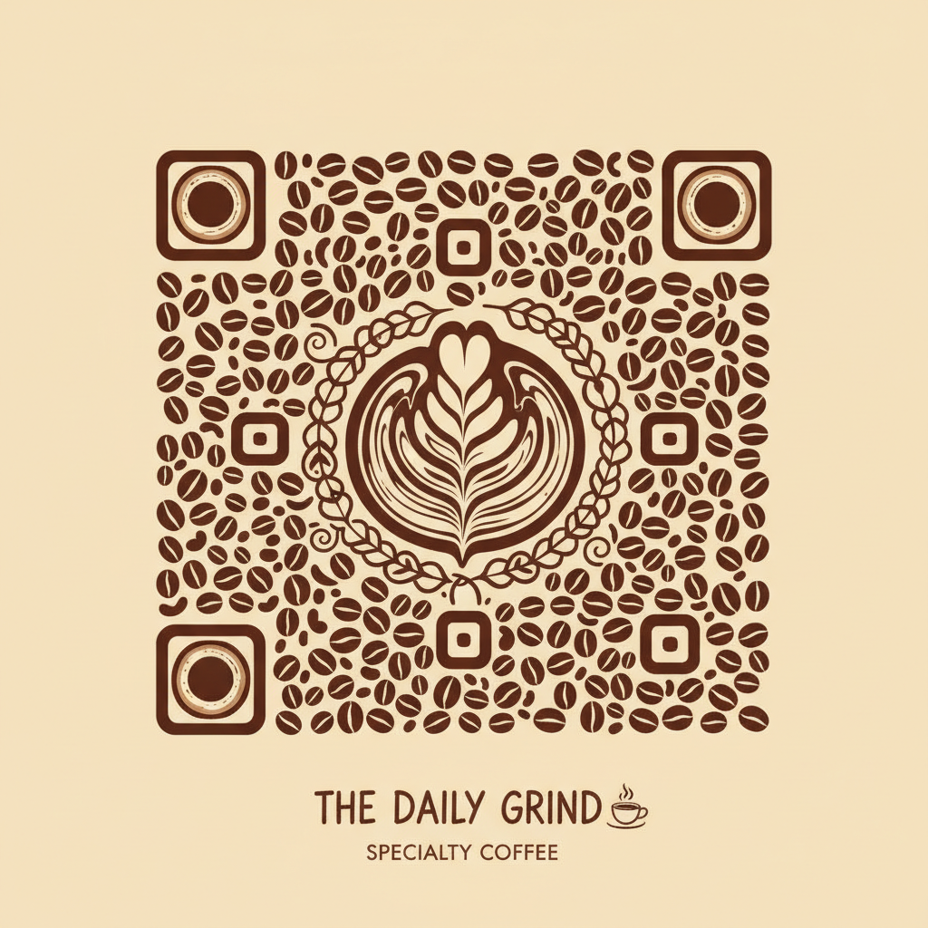 QR code art for a specialty coffee shop with modules built from roasted coffee beans, latte art swirls and steam curls in espresso brown