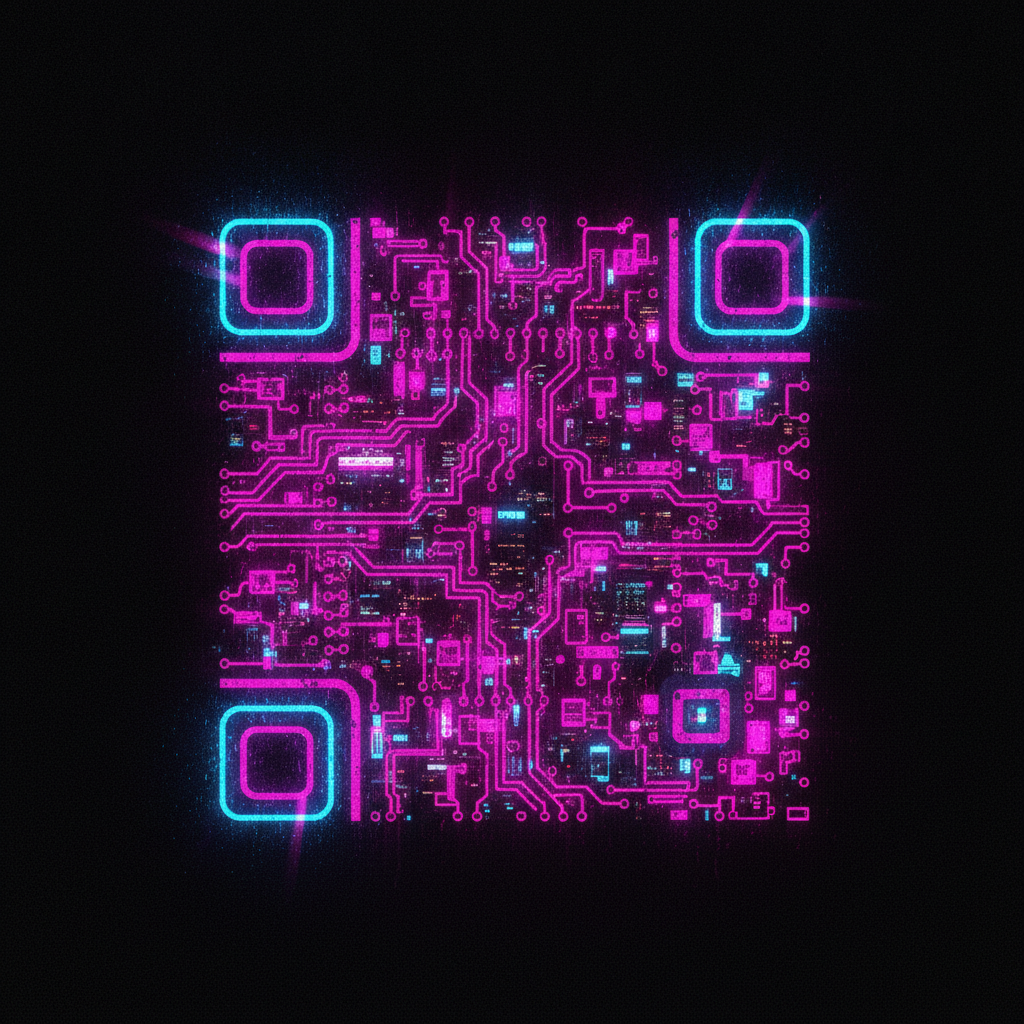 Neon cyberpunk QR code artwork with magenta and cyan circuit traces and glowing skyscraper windows forming the code modules on black
