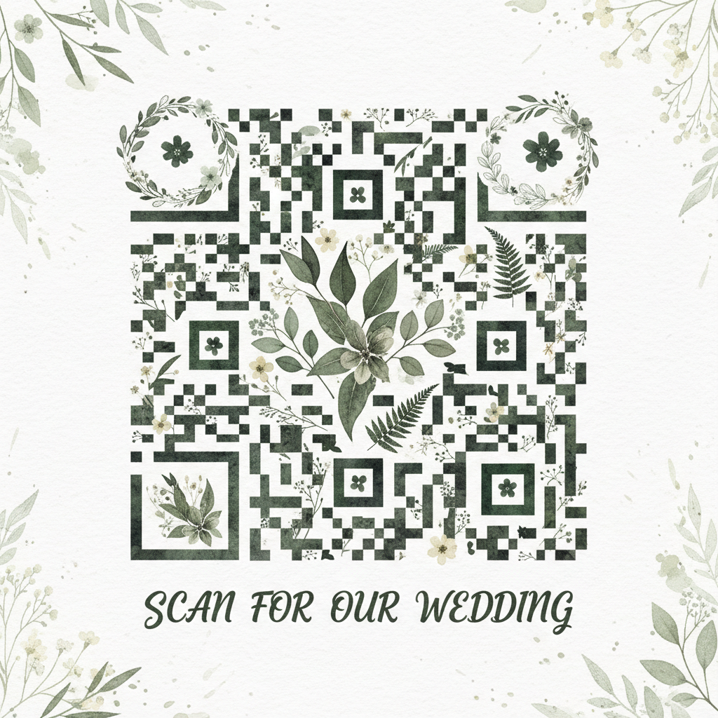 Botanical watercolor wedding QR code art with pressed leaves, eucalyptus sprigs and wildflowers forming the modules on soft white paper