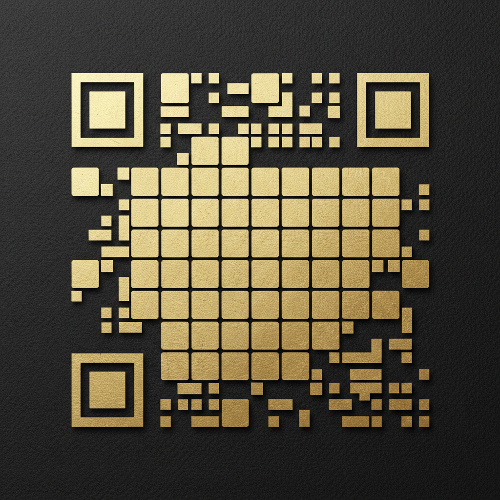 Luxury minimalist QR code art with brushed gold foil modules embossed on matte black textured card for premium brand packaging