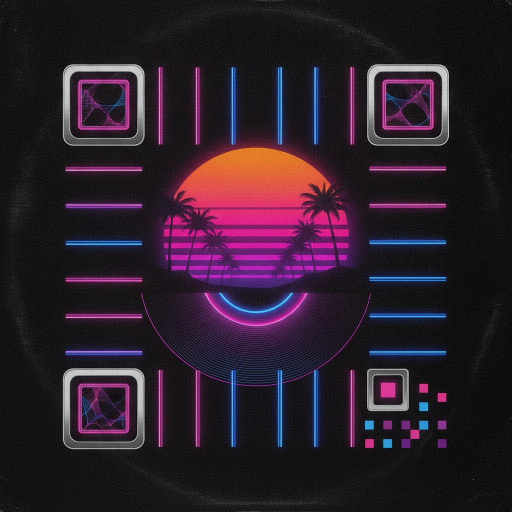 Retro 1980s synthwave QR code artwork with chrome grid lines, gradient sun and palm silhouettes in hot pink and electric blue