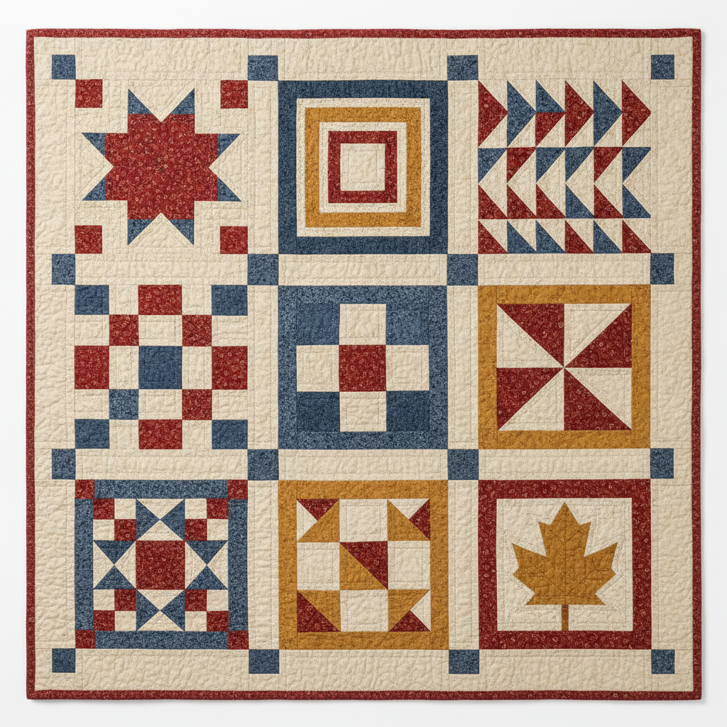 AI quilt pattern generator result: a traditional patchwork sampler quilt with nine pieced blocks in a three by three grid — a sawtooth star, a log cabin, flying geese, a nine-patch, a churn dash, a pinwheel and a maple leaf — in cranberry red, indigo blue and mustard gold calico on cream sashing with cornerstone squares