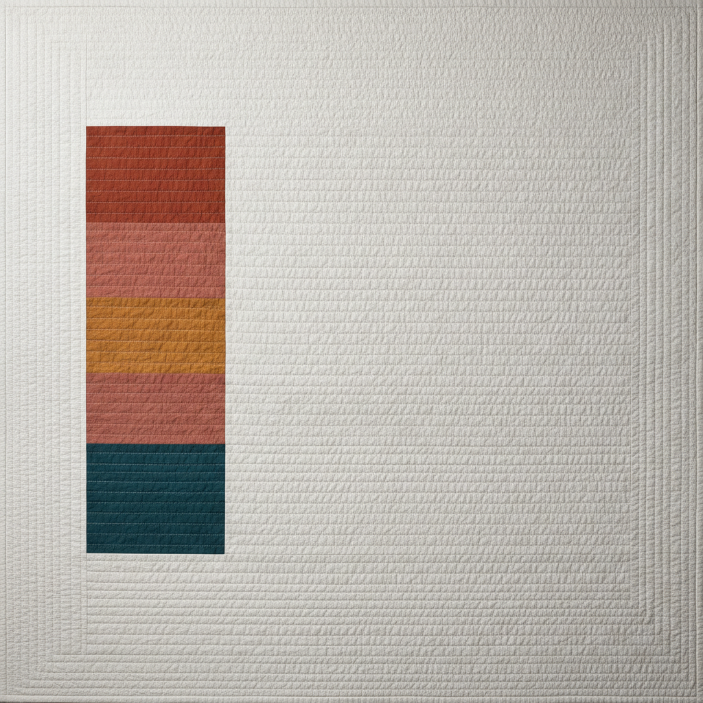 Modern minimalist quilt designed with AI: a single off-centre column of stacked solid rectangles in terracotta, dusty rose, ochre and deep teal against a wide expanse of natural white cotton, with dense straight-line quilting running across the negative space