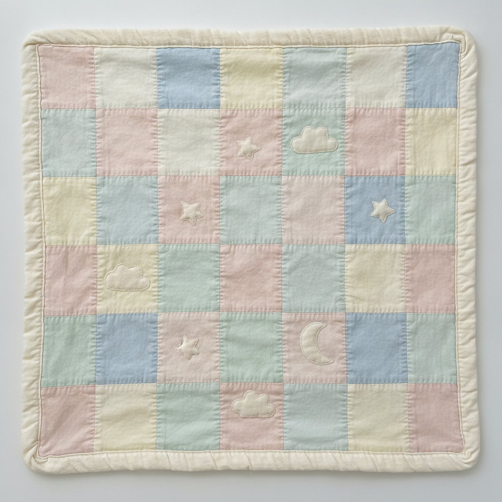 Baby quilt layout from the AI quilt pattern generator: a soft grid of pastel patchwork squares in powder blue, buttercream, pale mint and blush pink, scattered with small appliqued clouds, stars and a crescent moon, finished with a rounded cream binding