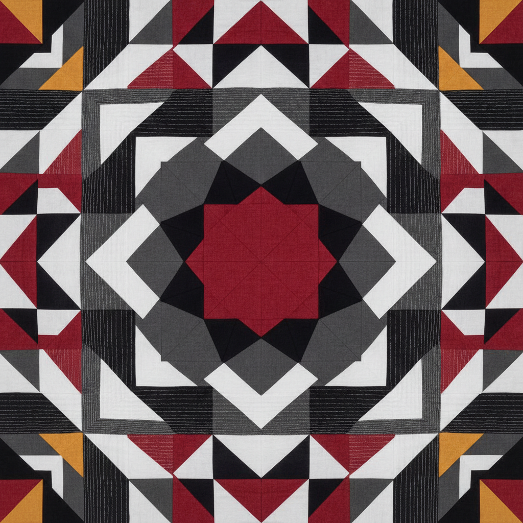 Bold geometric medallion quilt made with AI: a central eight-point star in barn red surrounded by concentric rings of half-square triangles in charcoal, black, white and goldenrod, filling the frame edge to edge with sharp seam intersections