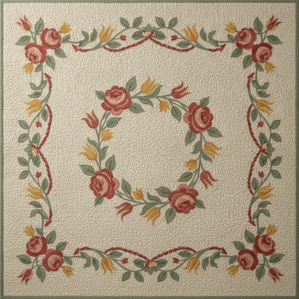 Applique floral quilt design: a heritage folk-art wreath of hand-appliqued roses, tulips and trailing green vines on a cream background, framed by four corner bouquets and an undulating swag-and-vine border in faded rose, sage green and butter yellow