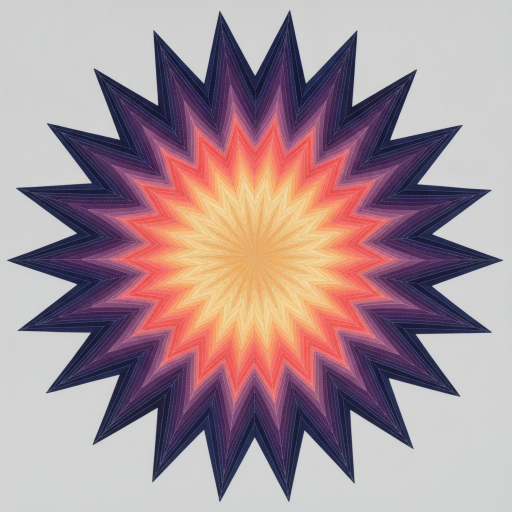 Foundation paper-pieced quilt from the AI quilt pattern generator: an intricate starburst mandala of slender pieced wedges shading from midnight indigo through violet and coral to pale gold at the centre, on a plain light background