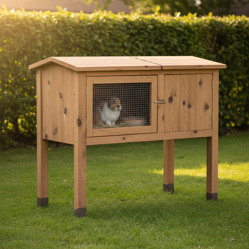 AI rabbit hutch design generator result: a pale timber rabbit hutch on four long square legs standing on mown grass in front of a clipped beech hedge, its front divided into a wide wire mesh door and a narrower boarded sleeping end, with a lop-eared rabbit behind the mesh and each leg stained dark where it meets the grass.