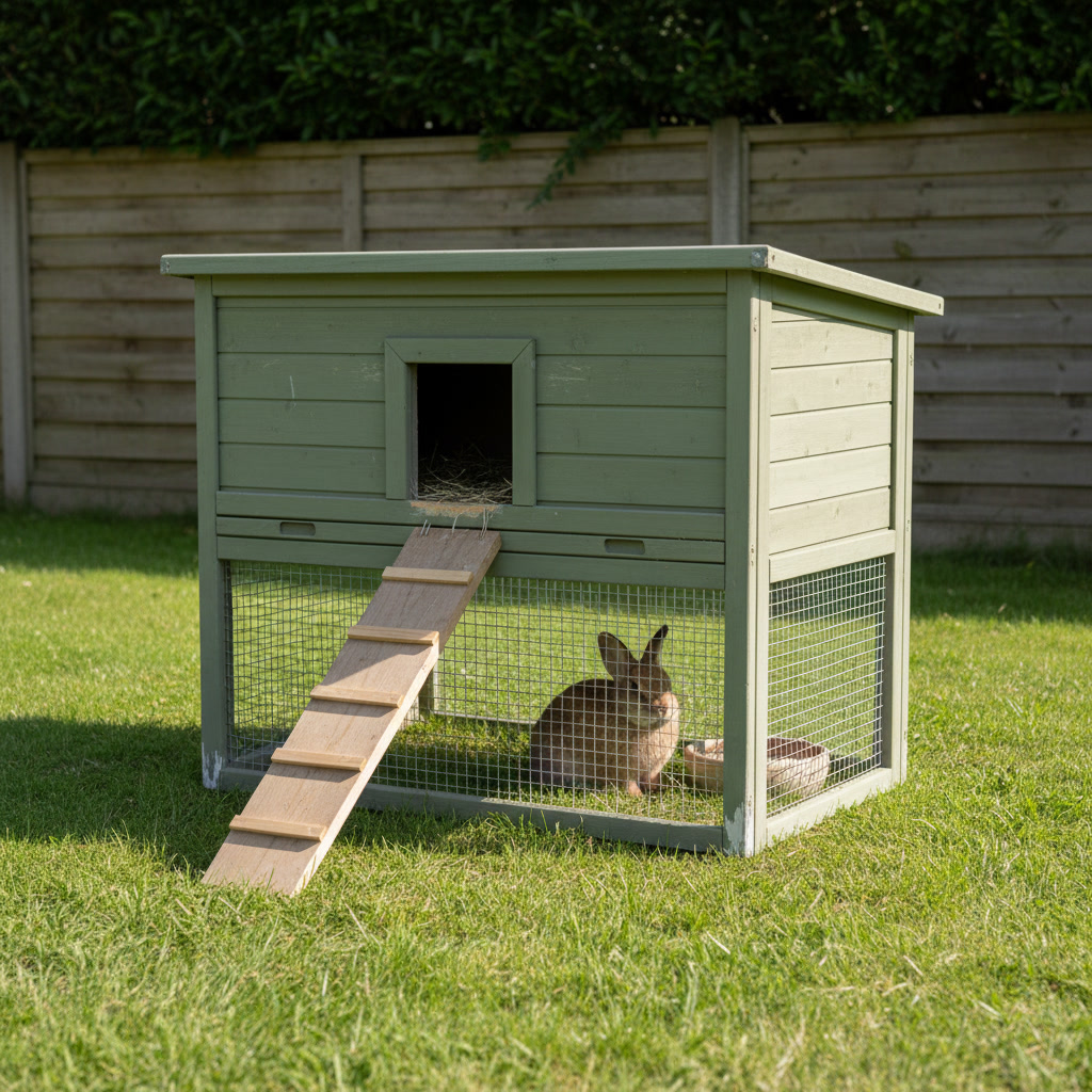 AI rabbit hutch design generator result: a two-storey rabbit hutch painted sage green over tongue and groove boarding, with an enclosed house above and an open wire mesh run below, a single battened ramp running down from the upper doorway, and a brown rabbit sitting on the grass inside the run against a lapped larch fence.