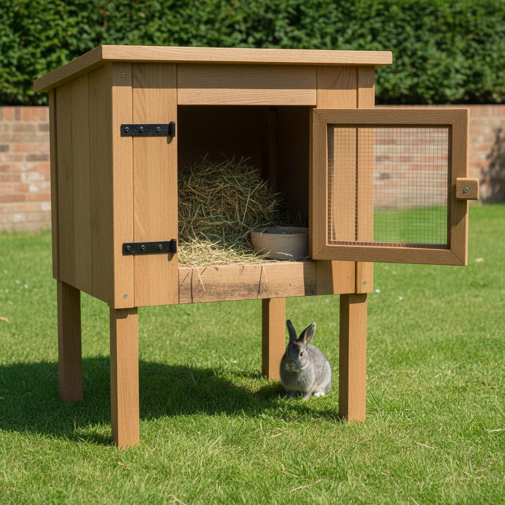 AI rabbit hutch design generator result: an oak rabbit hutch on long legs with its wire mesh door standing wide open and unattached in the air, two black strap hinges fixed to the opposite end of the hutch, a heap of loose hay and a plain stoneware bowl inside, and a grey rabbit sitting on the grass below.