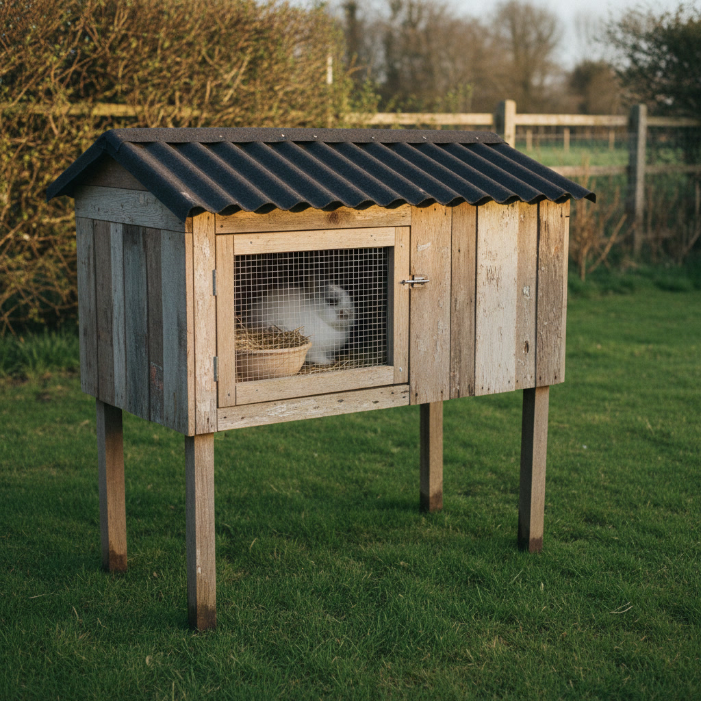 AI rabbit hutch design generator result: a rabbit hutch built from mismatched weathered reclaimed boards in greys and faded browns with patches of flaked old paint, on four long legs under a dark corrugated bitumen roof, standing on grass before a hazel hedge and post and rail fence in low late sun.