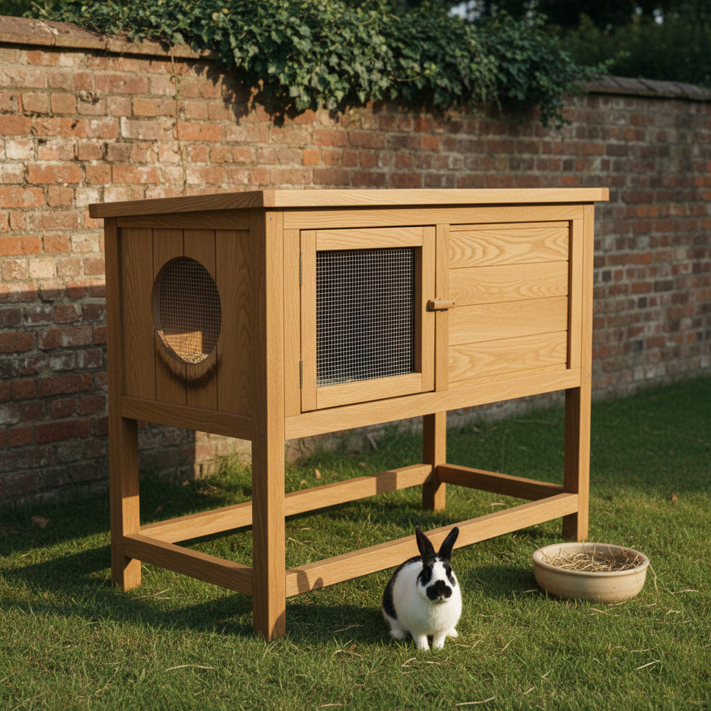 AI rabbit hutch design generator result: a solid oak rabbit hutch box carried on a separate open oak stand with rails between its legs, a true round hole cut clean through the boarded end and covered in wire mesh, standing on grass clear of an old red brick wall with ivy along the top.