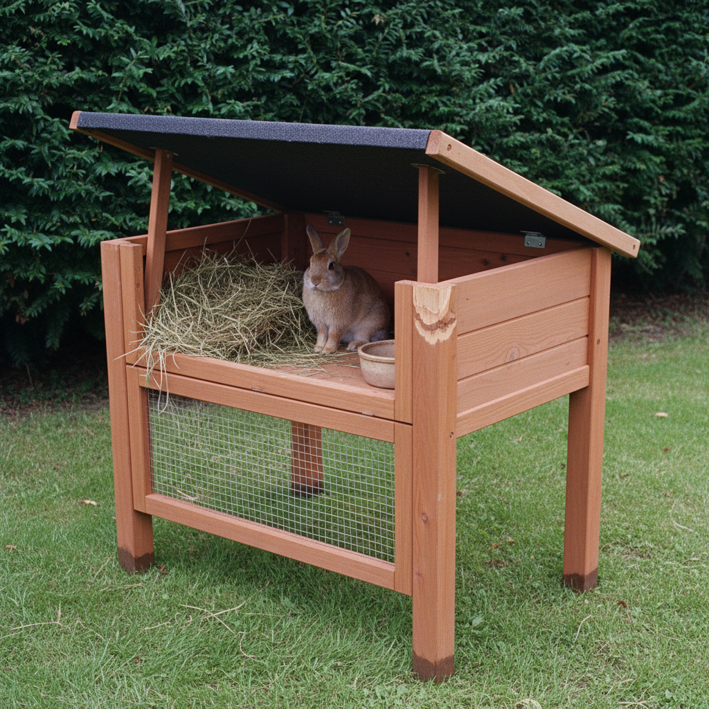 AI rabbit hutch design generator result: a chunky douglas fir rabbit hutch on long legs with its whole felt-covered roof hinged at the back and propped up open on two timber posts, a heap of loose hay and one plain stoneware bowl inside, and a sandy rabbit sitting up in the open box before a yew hedge.