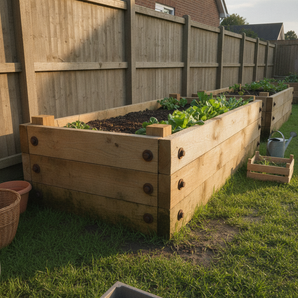 AI raised garden bed design generator result: a raised bed three timber sleepers high standing on grass against a close-board fence, a square post inside each corner with rusted coach screw heads driven through the outside face of every sleeper, planted with leafy vegetables flopping over the top edge.