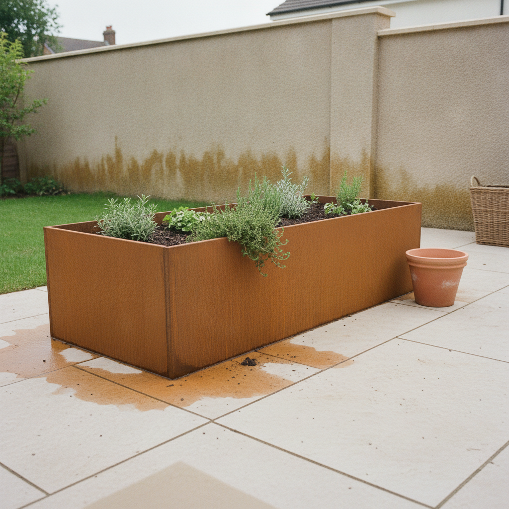 AI raised garden bed design generator result: a corten steel raised bed on pale sawn stone paving, its folded top lip running unbroken round the box, deep orange rust bled out across the slabs at its foot in soft irregular pools, planted with silver herbs and a thyme spilling over the lip.