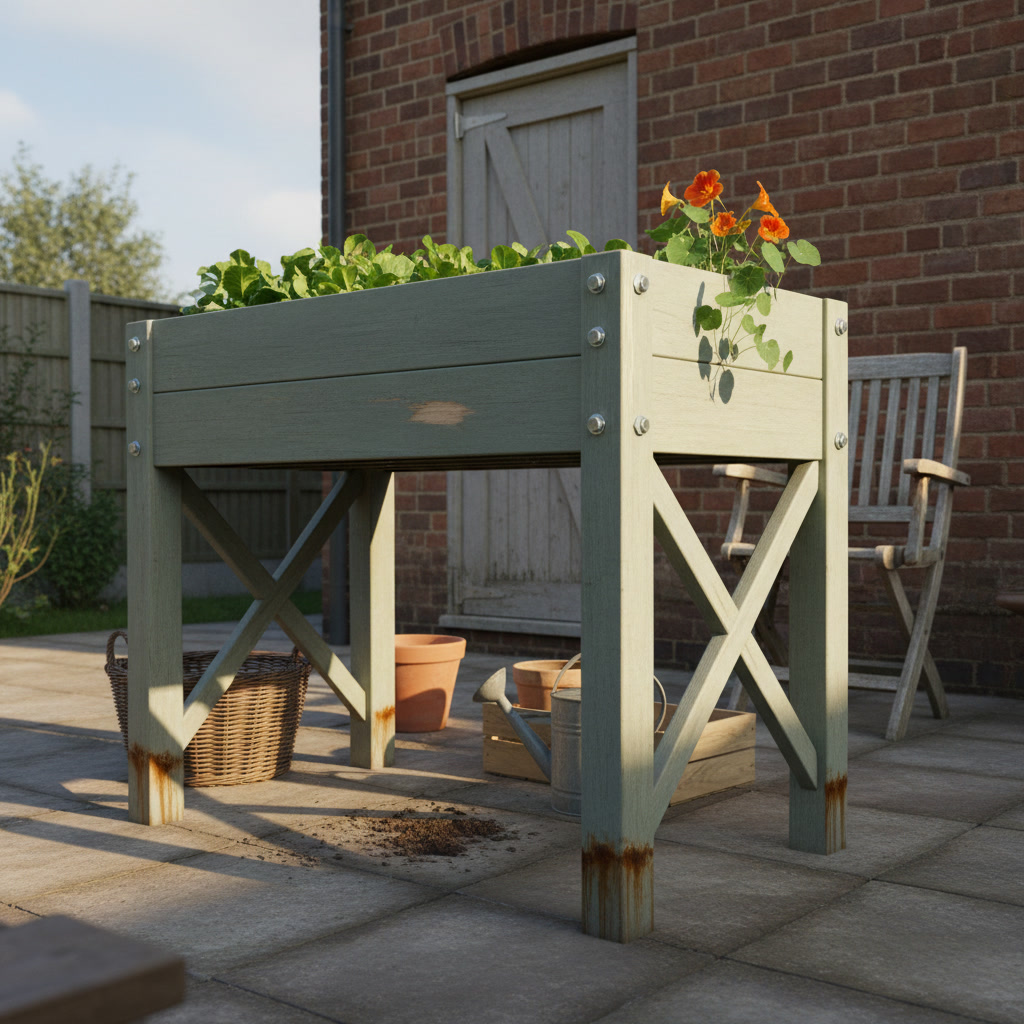 AI raised garden bed design generator result: a waist-height grey-green timber raised bed standing on braced legs on a patio, galvanised coach bolt heads and washers visible through each leg, the open space beneath the trough clearly visible, with a nasturtium trailing over the front board.