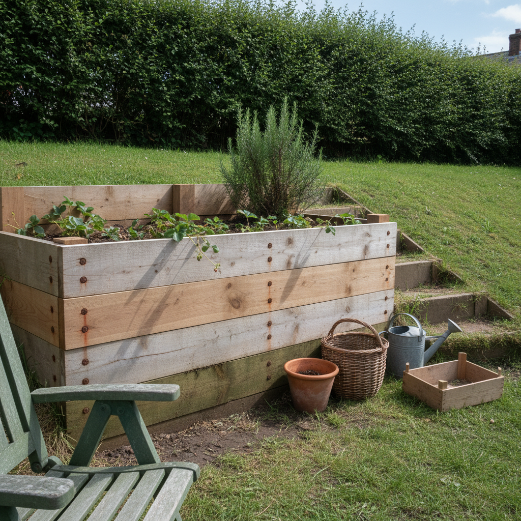 AI raised garden bed design generator result: a raised bed terraced into a sloping garden, four weathered larch boards tall on the downhill side and one board tall where it meets the bank, rust streaks running down the timber below every screw head, with cut turf steps climbing the slope beside it.