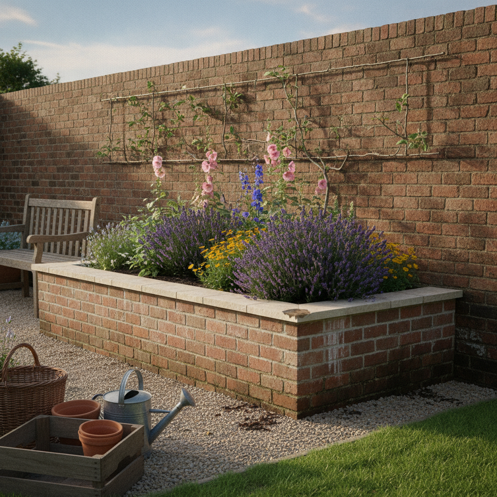 AI raised garden bed design generator result: a raised bed in reclaimed red brick with a pale sawn stone coping oversailing both faces, lime bloom leached down the brickwork beneath the coping, planted with lavender and cottage flowers beside a gravel path.