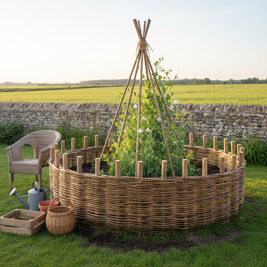AI raised garden bed design generator result: a round raised bed walled in woven hazel hurdle on a mown lawn, split rods woven around upright stakes whose sawn tops show above the weave, with sweet peas climbing a hazel wigwam bound at the top in wrapped garden twine.
