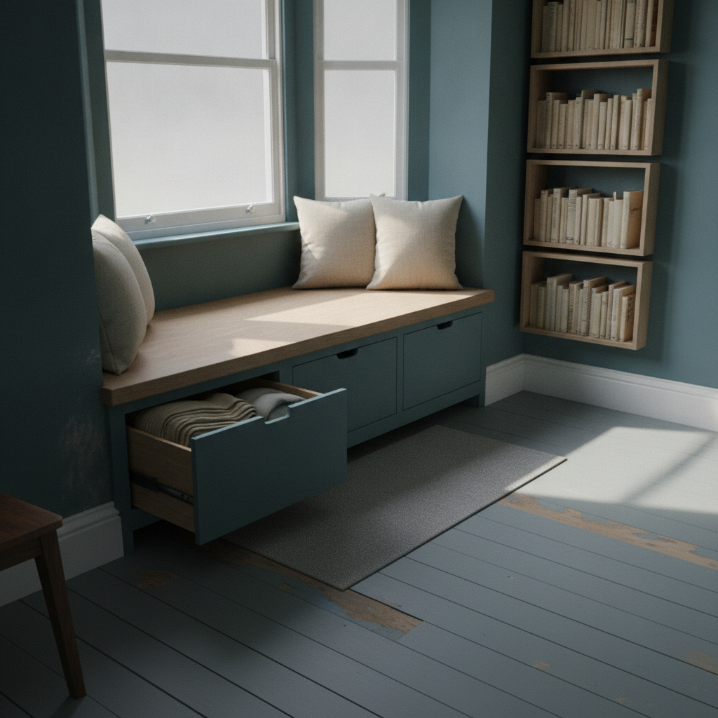 AI reading nook design generator result: a blue-green bay window reading nook with a solid oak seat over three drawers, the left drawer pulled half open on visible side runners with folded blankets inside, and four plywood book boxes stacked on the wall beside it holding books turned spine-inward.