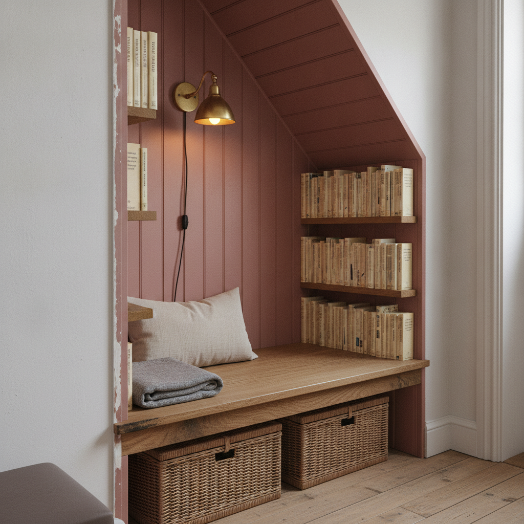 AI reading nook design generator result: an under-stairs reading nook panelled in deep clay pink with an oak seat let into the side walls, two wicker baskets underneath, shelves stepping down under the stair soffit and a brass wall light on a screwed backplate.