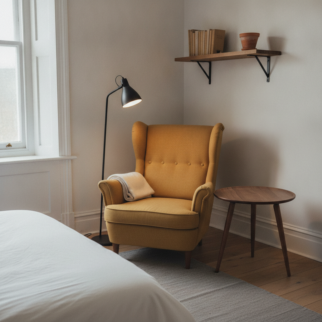 AI reading nook design generator result: a bedroom reading corner with a mustard high-backed armchair, a black steel floor lamp on a round cast iron foot, a three-legged walnut side table and an oak shelf on two black L-brackets screwed under the shelf and into the wall.