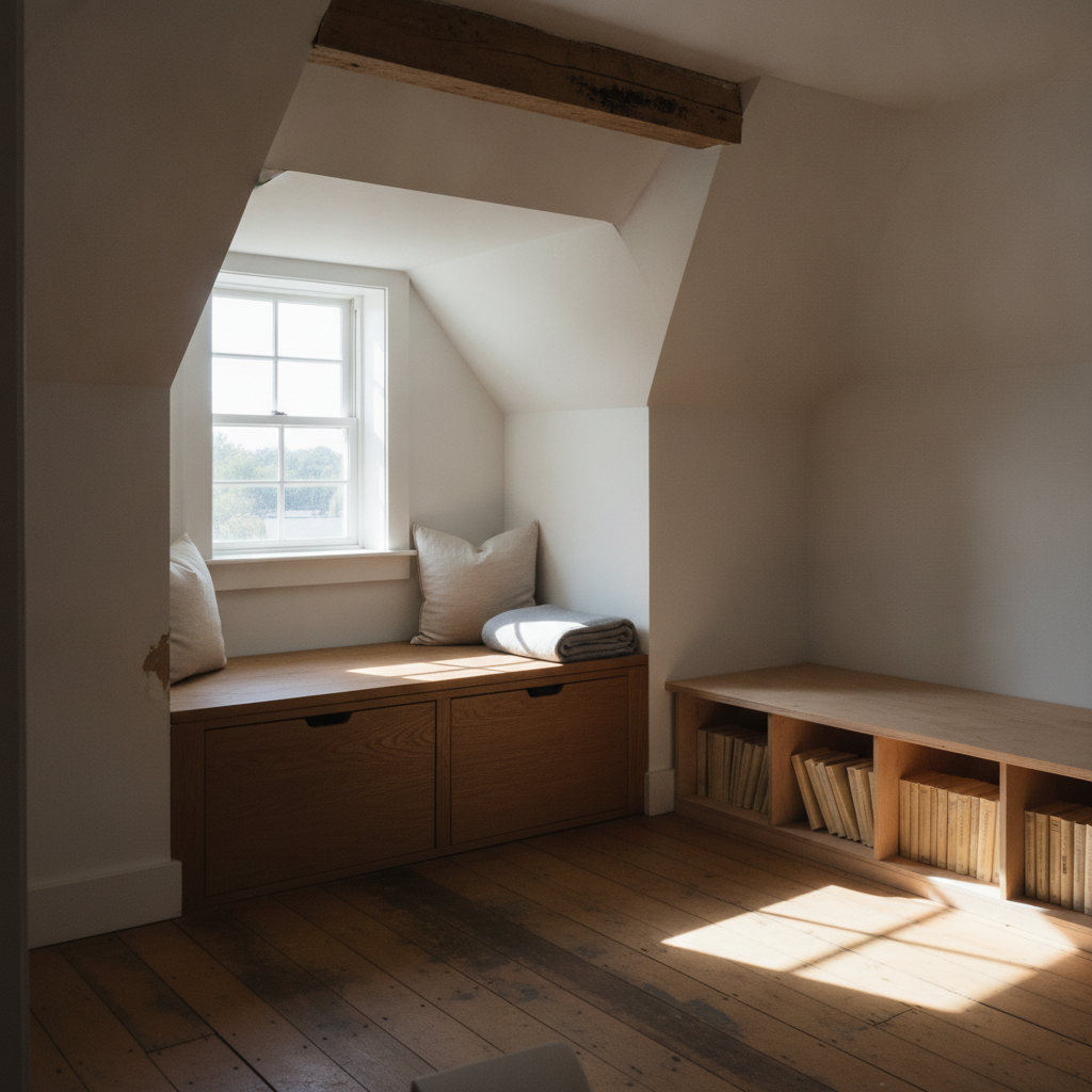AI reading nook design generator result: an attic dormer reading nook with an oak seat spanning the dormer cheeks over two drawers with routed finger pulls, a low plywood bookshelf along the knee wall, an exposed stained ridge beam and hard sun lying across bare pine boards.