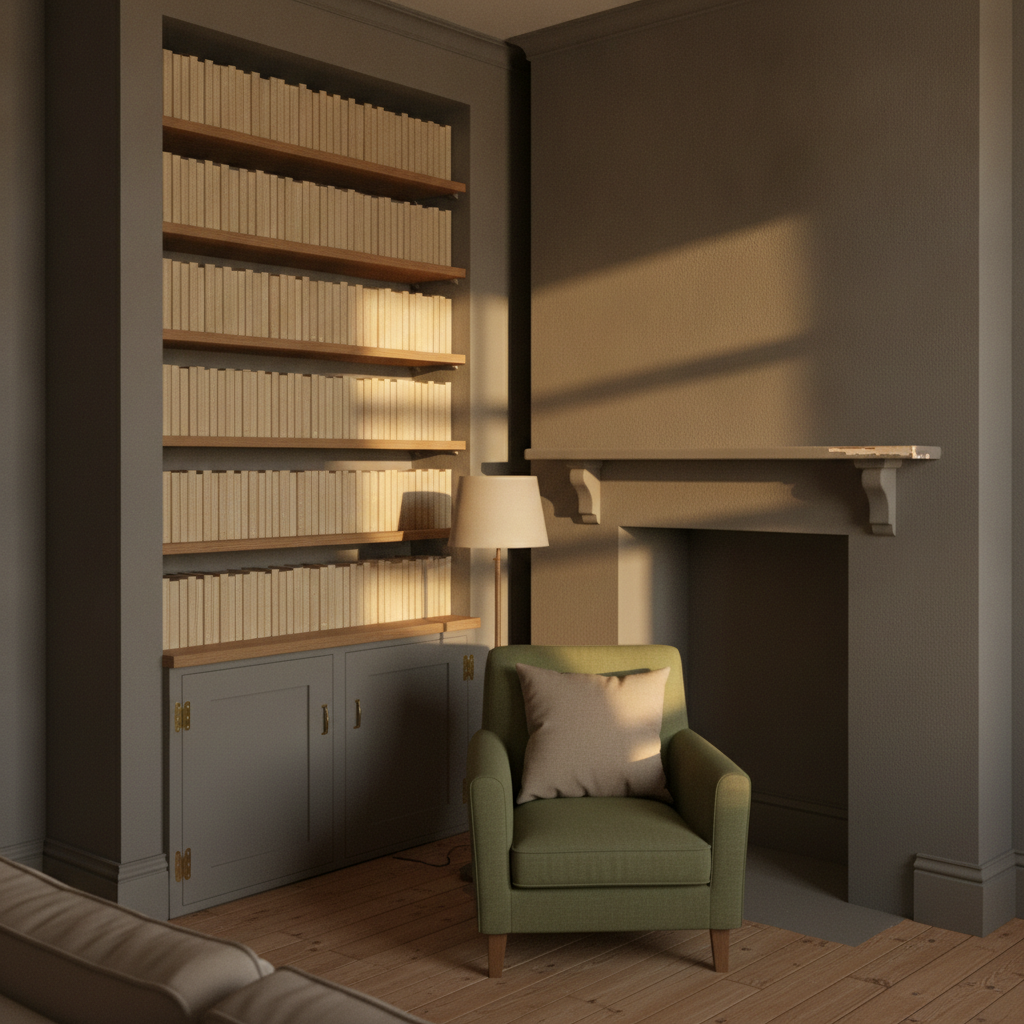 AI reading nook design generator result: a chimney alcove reading nook in deep warm grey with six oak-lipped shelves of spine-inward books built into the reveals, a two-door cupboard below, a bare mantel on moulded corbels and a green armchair lit by a paper-shaded lamp.