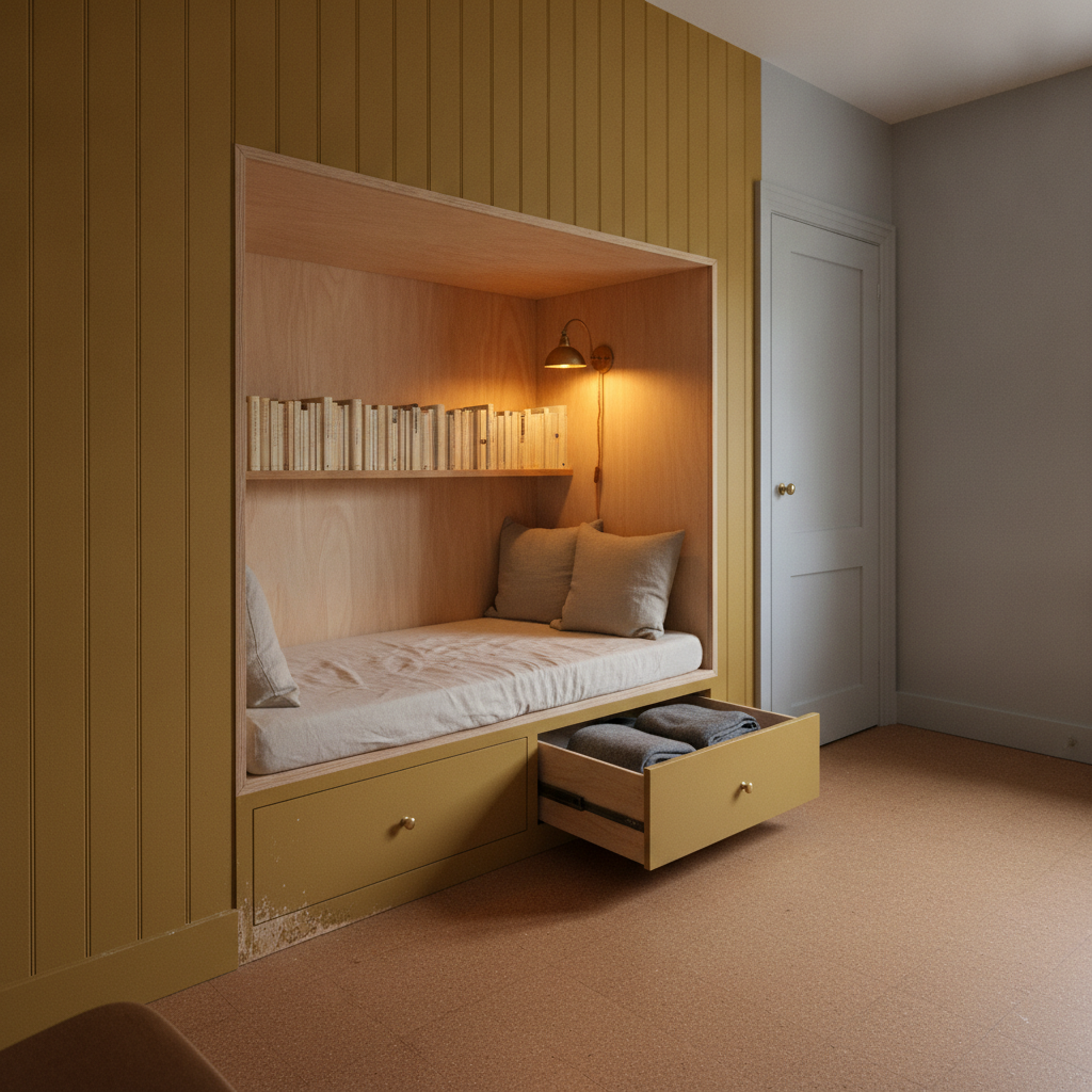 AI reading nook design generator result: a built-in reading cabin cut clean through a mustard tongue-and-groove panelled wall, lined in birch plywood, with a mattress, a book shelf turned spine-inward, a brass wall light and two drawers below, the right one pulled open on its runner.
