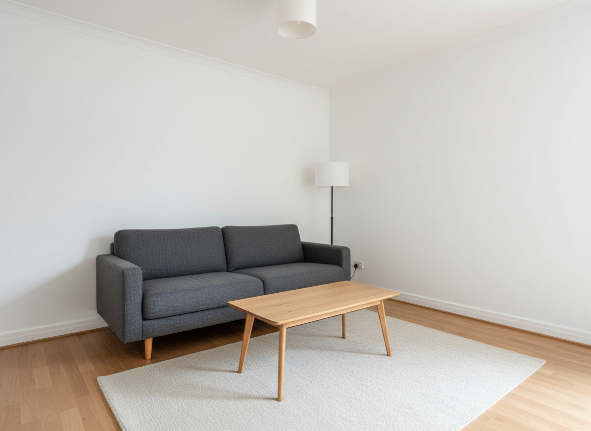 AI real estate photo editor result: a brightened north-facing living room with a grey fabric sofa, a light oak coffee table, a floor lamp and a plain rug, evenly lit from corner to corner. This is the everyday fix and the one most listings actually need. The shadow that would normally swallow the floor behind the sofa and under the table is lifted far enough that the flooring, the skirting board and the far corner all stay readable, without the flat grey wash you get from dragging a shadows slider too far. The white balance is the quieter win: the walls are a genuine neutral white rather than the yellow-green a warm bulb usually leaves behind, and the floor still reads as warm oak rather than being neutralised along with the walls. Every item that was in the room is still in the room, in the same place, at the same size.