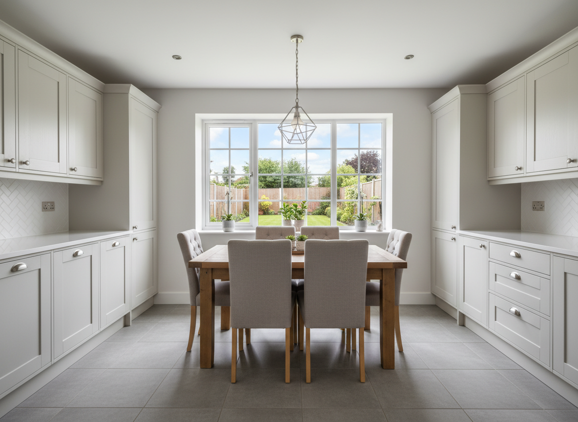 AI real estate photo editor result: a shaker kitchen and dining area with a large garden window behind the table, showing a flawless window pull. This is the frame that decides whether a listing photo looks professional, and it is the strongest result on the page. The interior is correctly exposed — cabinet doors, cup handles, herringbone splashback, the timber of the table — and the window is fully exposed at the same time, so the lawn, the shrubs, the fence line and the blue sky beyond the glass are all clearly visible in natural colour instead of the blown white rectangle a single exposure gives you. Look at the glazing bars and the window reveal: no bright halo, no grey glow, no ghosting along the edges, which is exactly where cheap HDR gives itself away. The daylight falling into the room also matches the weather outside the glass, which is the detail that sells it.