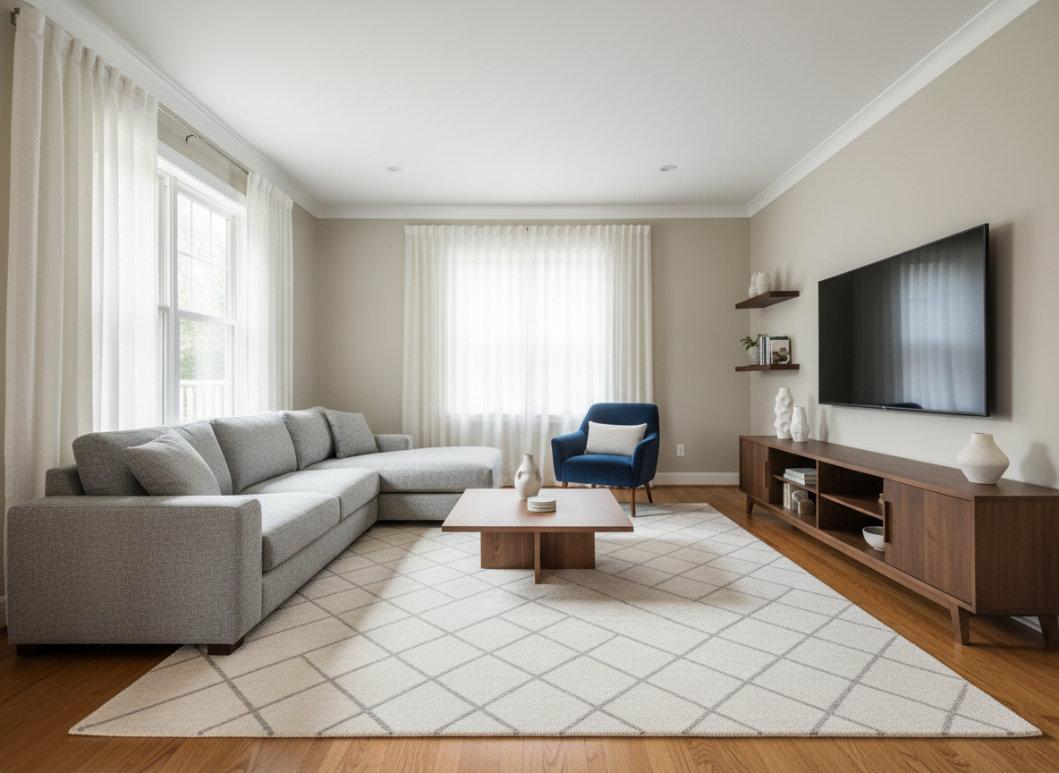 AI real estate photo editor result: a decluttered family living room, keeping its sectional sofa, armchair, media unit, rug and curtains while every piece of everyday clutter is gone. The floor is completely clear, the shelves carry a few objects instead of a crowd of framed personal photographs, and the surfaces underneath everything that was removed are rebuilt with continuous floorboards, continuous shelf timber and continuous wall paint, with no smudged patches and no ghost outlines. This frame took two attempts and the reason is worth knowing: the first result was clean everywhere except for a small waste bin still sitting beside the media unit, despite a general instruction to remove clutter. Naming it in plain words — no waste bin, no basket, nothing on the floor at all — cleared it in one regeneration. Note also the centre window here has gone white, which is the same weakness the empty bedroom shows: when the brief points somewhere else, the model stops defending the windows.