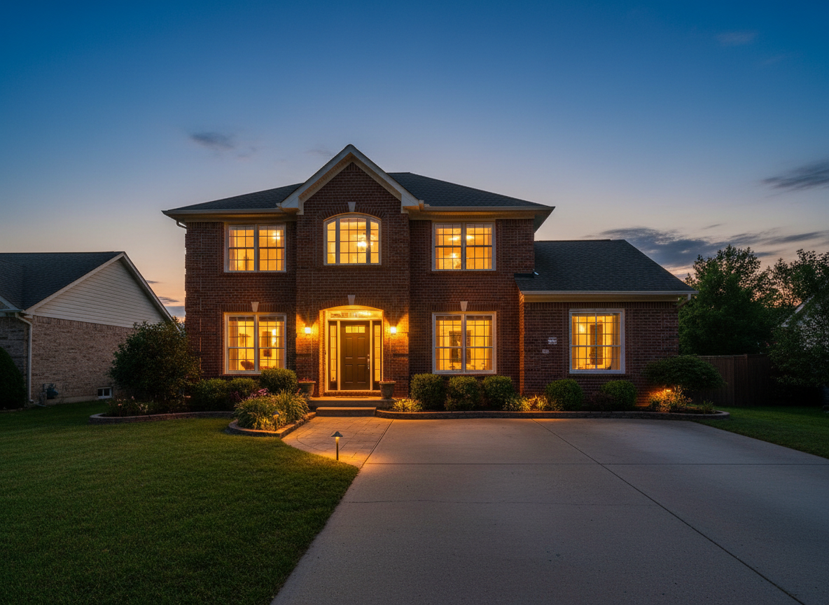 AI real estate photo editor result: a two-storey brick house converted from a plain daytime shot into a warm twilight exterior. Dusk conversion is the effect agents ask for most and the one that most often looks fake, and this is the best frame on the page. The sky runs from a deep indigo overhead to a soft warm orange at the horizon with a few honest wispy clouds, and the light landing on the brickwork agrees with it rather than staying stuck at midday. Every window glows amber and — this is the part cheap twilight edits fail — each glow is contained precisely inside its own frame, with no soft orange bleeding onto the surrounding brick. The porch light and the door sconces are lit, uplighters throw small realistic pools onto the shrubs, the lawn holds a believable dim green rather than going grey, and the driveway is clean and empty with no car and no bin in the frame.