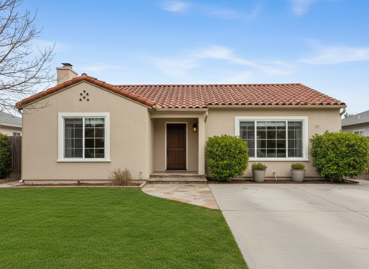 AI real estate photo editor result: a single-storey stucco house after a sky replacement and a lawn correction, with a bright blue sky replacing flat grey overcast. The edge quality is the thing to judge and it holds up: the tile roofline, the chimney and — the real test — the bare tree branches at the top left all meet the new sky cleanly, with no halo, no grey fringe, no cut-out outline and no branch chopped off mid-twig. The tired front lawn is now an even healthy green with natural variation across it rather than a flat painted colour, and the driveway and path are clean with no car, no bin and no hose. The honest weakness is the light: the sky changed but the shadows on the house did not fully follow it, so the eaves and the porch stay softly lit in a way a genuinely sunny day would not allow. It reads well at listing size and slightly less well at full size.