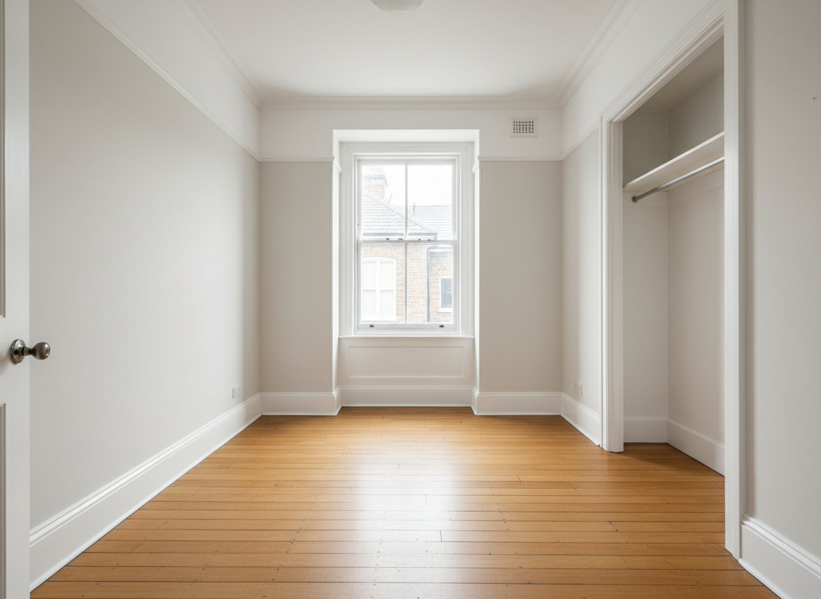 AI real estate photo editor result: an empty unfurnished bedroom with the perspective and lens distortion corrected. Every vertical in the frame is truly vertical — the door edge, the window reveal, the wardrobe opening and all four wall corners — with no leaning walls, no keystoning and none of the outward bulge a wide-angle lens leaves at the edges of the frame, while the skirting and the window sill run level. This frame also demonstrates the discipline this page is built around: the room was empty and it stayed empty. No bed appeared, no rug, no curtains, no plant. That is not a limitation, it is the point, because furnishing an empty room is virtual staging and a staged photo has to be disclosed as one. The genuine miss is the window, where the upper panes have gone white and only the lower half of the neighbouring roofline survives.