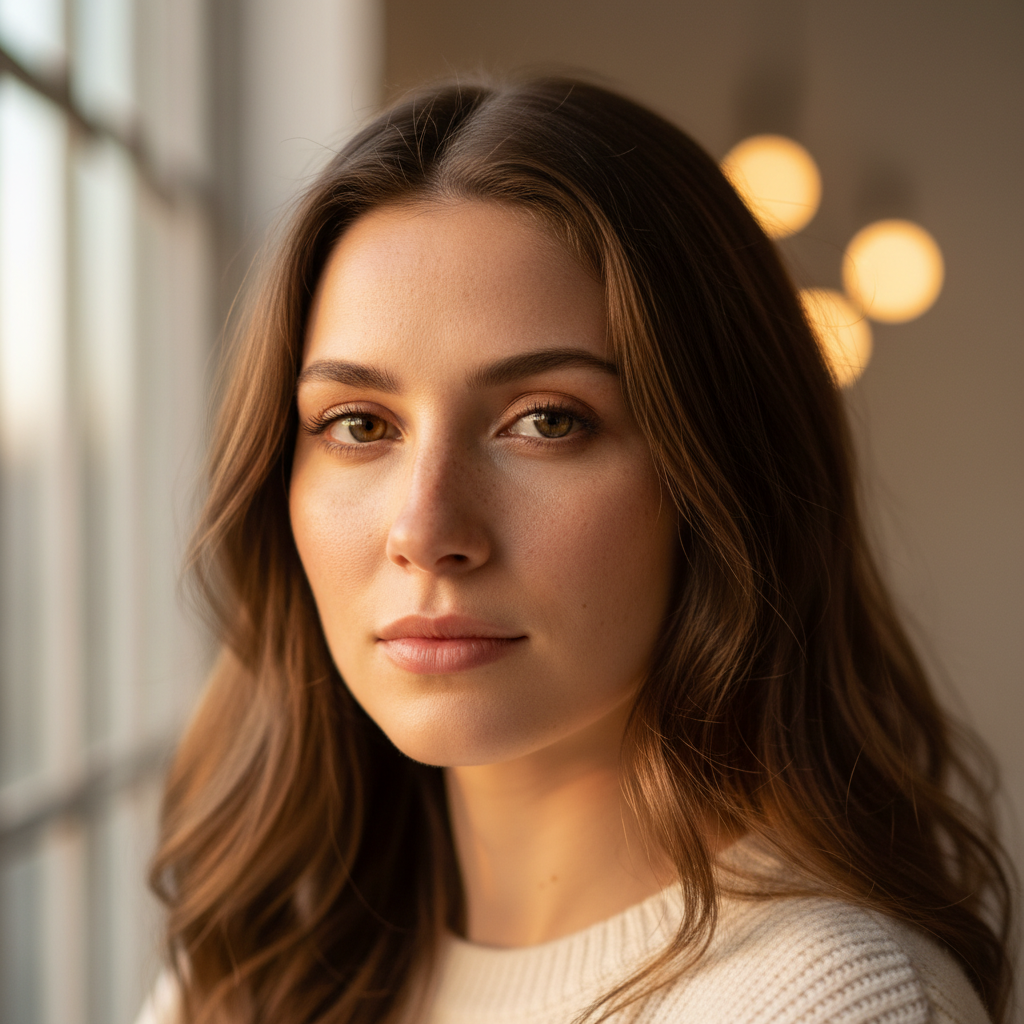 AI realistic image generator hero — ultra-photorealistic portrait of a 30-year-old woman with natural skin texture, every pore and freckle visible, golden hour window light, warm rim lighting, shallow depth of field, shot on Sony A7R V 85mm f1.4