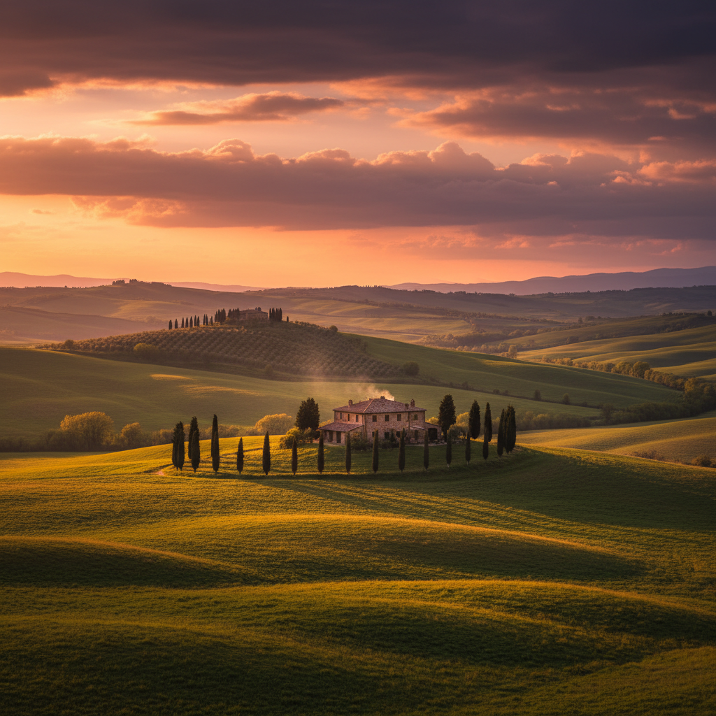 AI realistic image generator landscape — photorealistic Tuscan sunset with rolling green hills, cypress trees, warm golden light, distant stone farmhouse, dramatic clouds, National Geographic photography quality