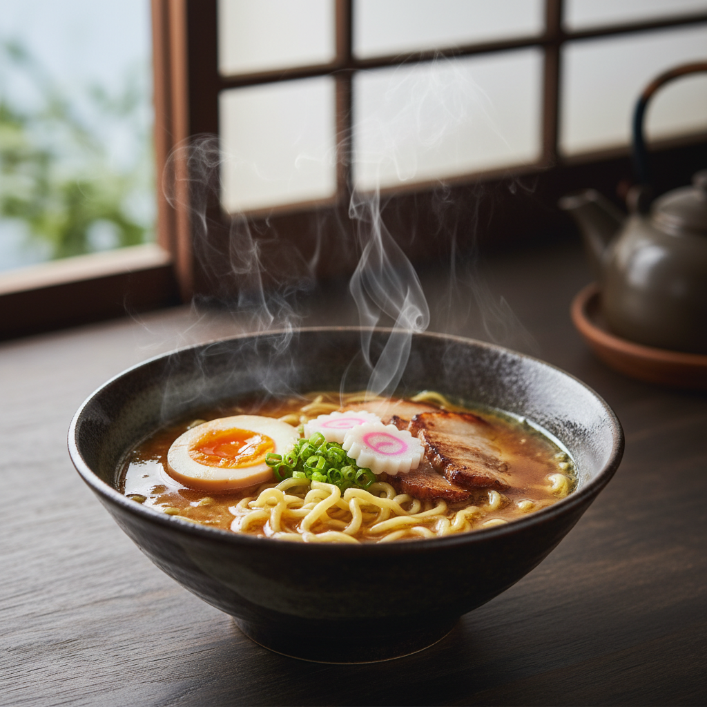 AI realistic image generator food photography — photorealistic steaming bowl of ramen with soft-boiled egg, glossy broth, fresh scallions, soft daylight, magazine cover commercial food photography quality