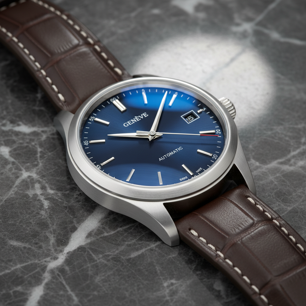 AI realistic image generator product shot — photorealistic luxury wristwatch on dark marble, brushed steel case, leather strap with stitching detail, single softbox studio lighting, premium e-commerce photography