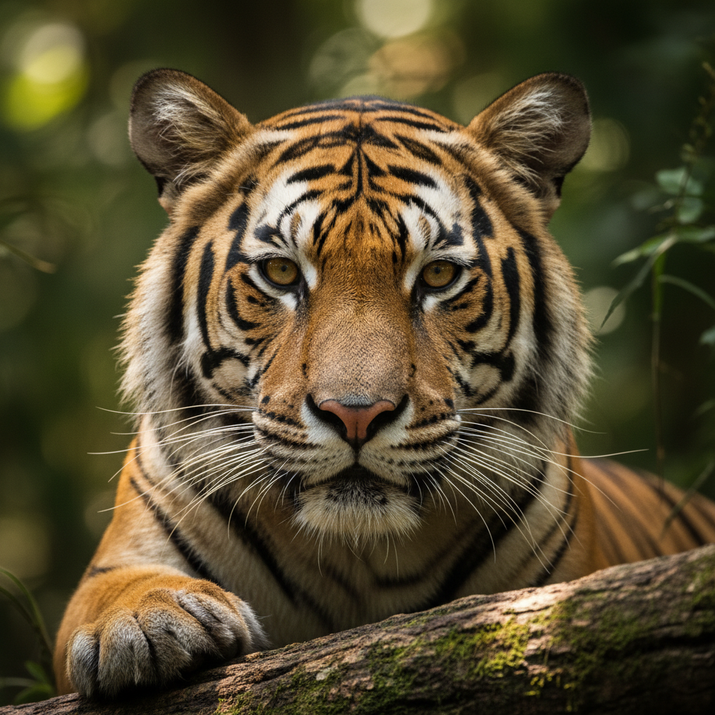 AI realistic image generator wildlife — photorealistic close-up Bengal tiger in dappled jungle light, every fur strand and whisker visible, intense amber eyes, mossy log foreground, telephoto wildlife photography