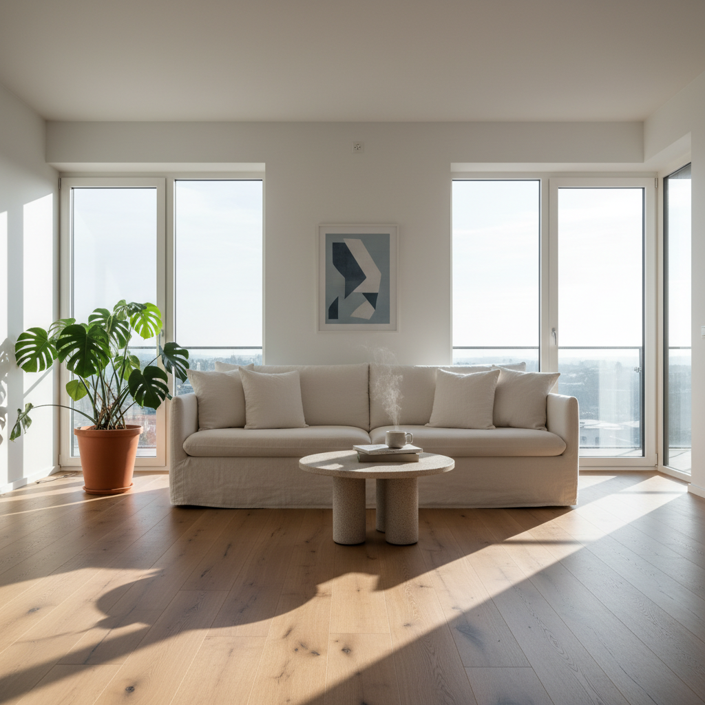 AI realistic image generator interior — photorealistic Scandinavian living room with floor-to-ceiling windows, oak hardwood floors, plush cream sofa, monstera plant, architectural digest interior photography quality