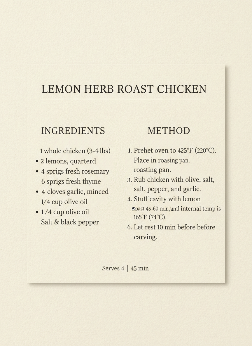 AI recipe card generator result: a classic 4x6 index recipe card on cream stock with a serif title, an ingredients column on the left and numbered method steps on the right