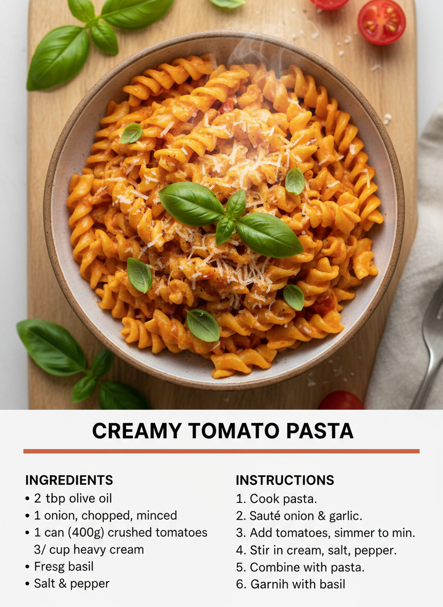 Vertical food blog recipe card made with AI: a photo of creamy tomato pasta above a white panel with a bold title, ingredients list and numbered steps sized for Pinterest