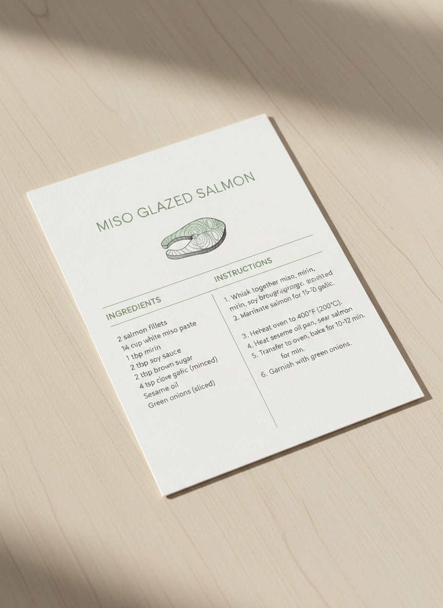 Minimalist modern recipe card generated by AI: light geometric sans-serif title, two tidy columns for ingredients and instructions, a small line-art salmon illustration and sage green accent