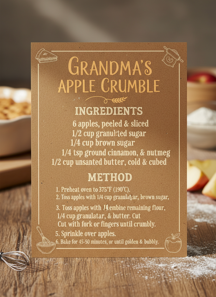 Rustic farmhouse recipe card on kraft paper created by the AI recipe card generator: hand-lettered script title, chalk-style ingredients heading and numbered steps in a friendly slab serif