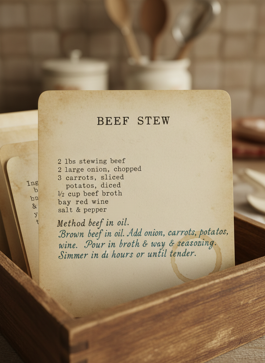 Vintage family heirloom recipe card designed by AI: aged paper with a typewriter title, a neat ingredients column and method written in blue fountain-pen script
