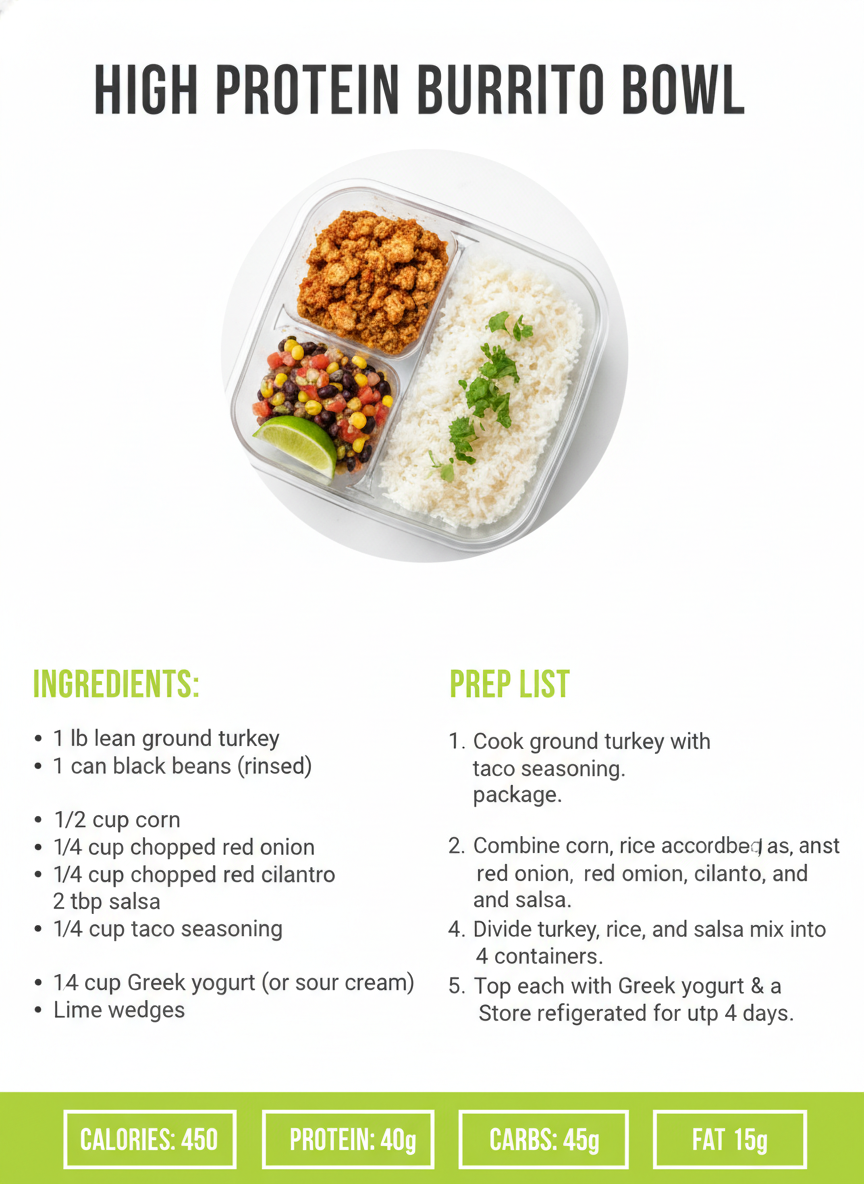 Meal-prep nutrition recipe card from the AI recipe card generator: bold condensed title, ingredients column, prep steps and a bottom strip of calorie, protein, carb and fat boxes