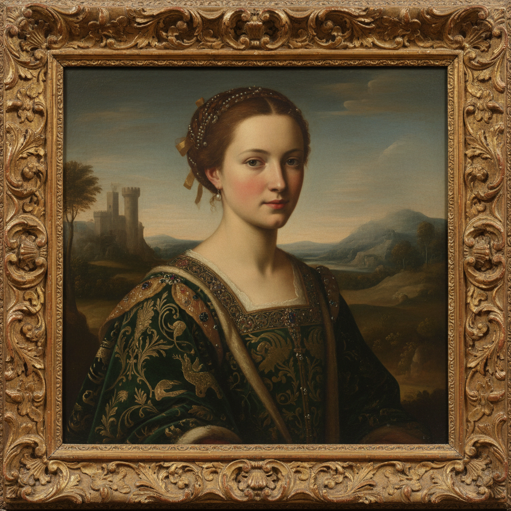 AI Renaissance portrait of a young woman in an ornate green and gold robe with soft chiaroscuro lighting, made by the AI Renaissance portrait generator
