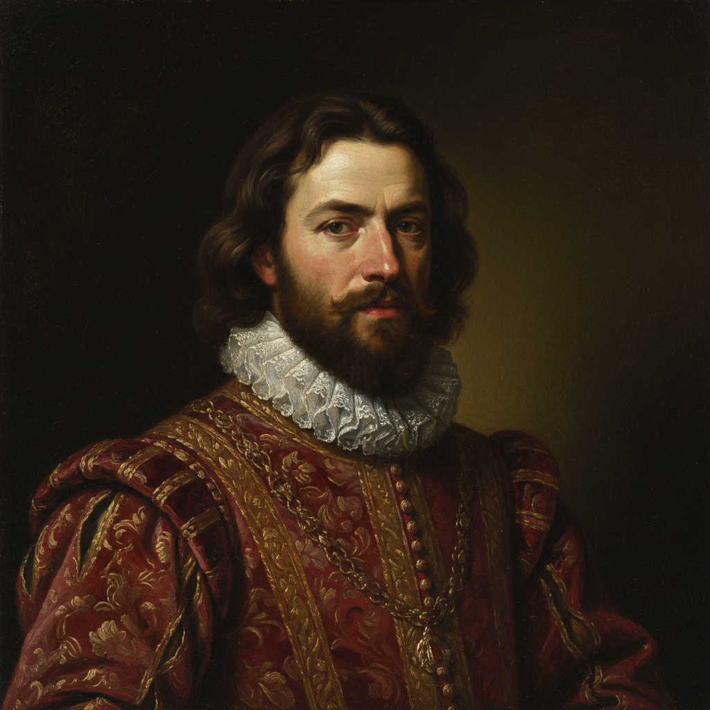 AI Renaissance portrait of a bearded nobleman in a velvet doublet with dramatic Rembrandt lighting, oil painting style